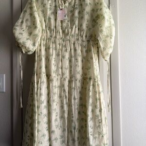 Dainty Jewells Pale Yellow Midi Dress with Green Butterfly Print